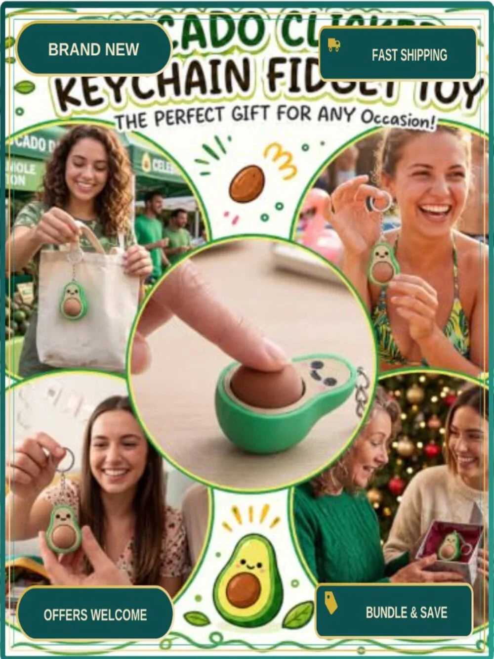 24 Pack 3D Avocado Clicker Keychains with Cards, Fidget Toys PLA Material for